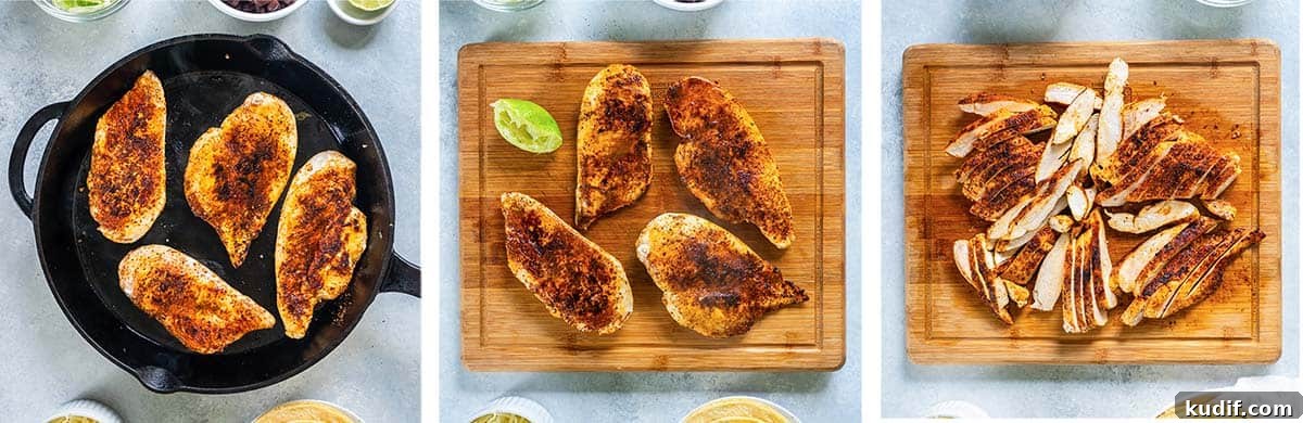 Three images of chicken cooking in a cast iron skillet, resting on a cutting board, and sliced.