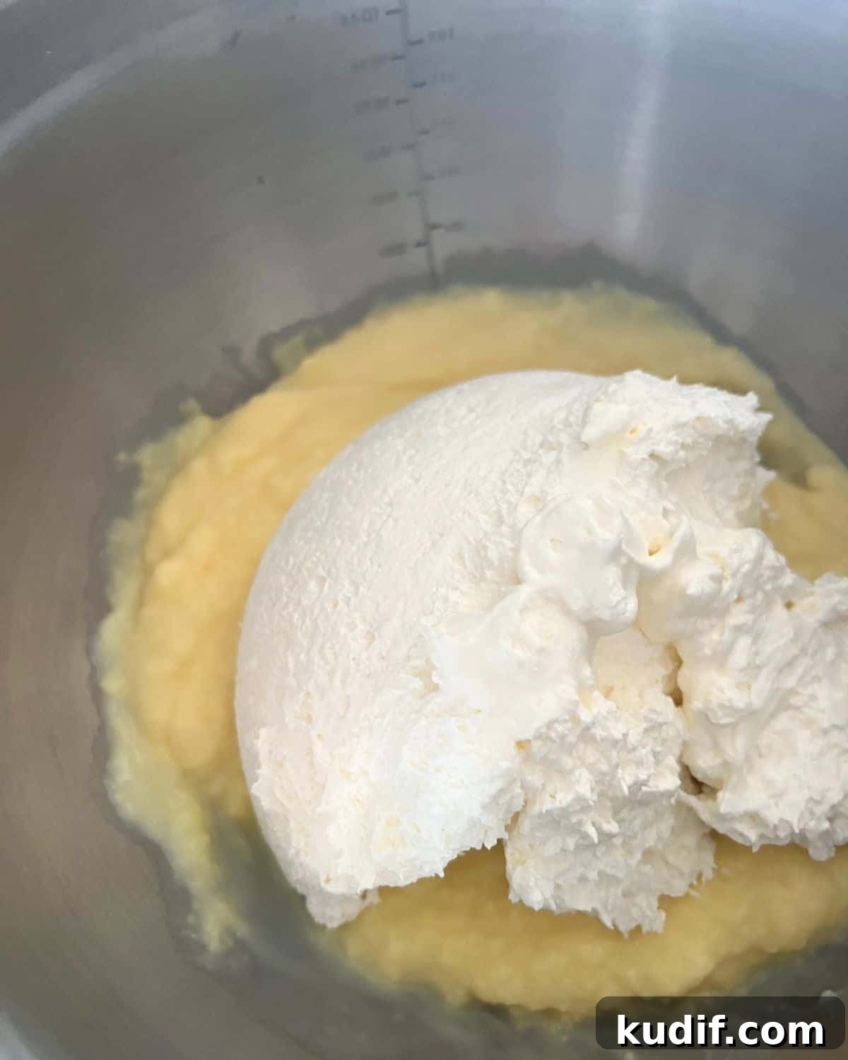 Decadent Pudding Cake Recipe (Even Better Than Sex Cake) 5 Vanilla pudding and Cool Whip in a Bowl.
