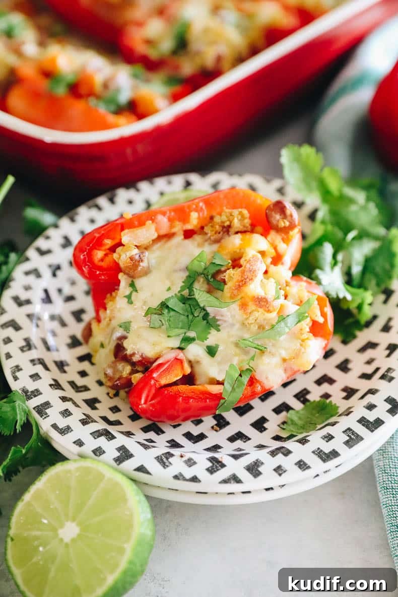 Quinoa-Stuffed Bell Peppers with Savory Tomato Filling 2 Vegetarian stuffed peppers with cheese and chopped cilantro
