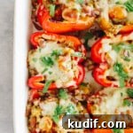 Vegetarian quinoa stuffed peppers with melted cheese and sprinkled cilantro on top