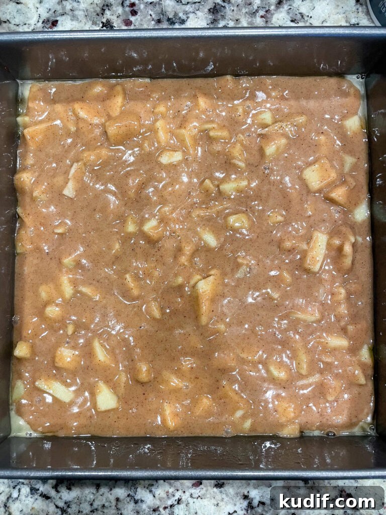 Spiced Apple Crumb Cake Recipe with Cinnamon Streusel 11 apple crumb cake batter in pan before baking.
