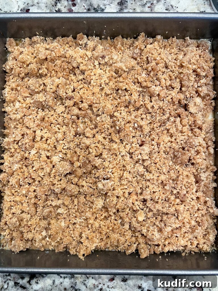 Spiced Apple Crumb Cake Recipe with Cinnamon Streusel 12 spiced apple crumb cake batter in baking pan ready for the oven.