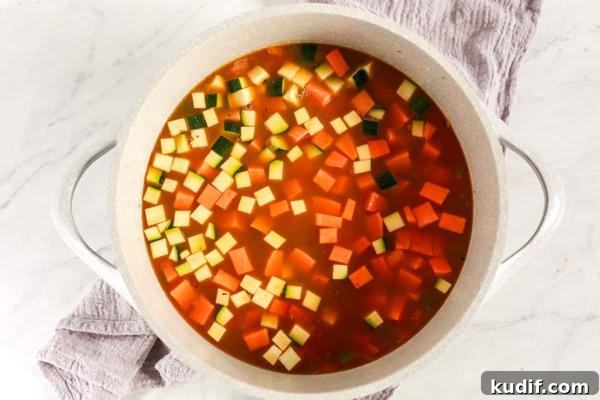 Hearty Chicken and Vegetable Soup Recipe for Cozy Weeknights 5 vegetables and broth in a soup pot