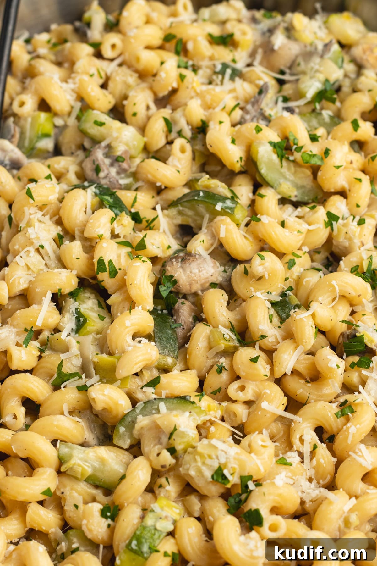 Zucchini, Mushroom & Leek Pasta Recipe — Creamy Spring Pasta 16 This is a close-up picture for a skillet with the zucchini mushroom leek pasta.