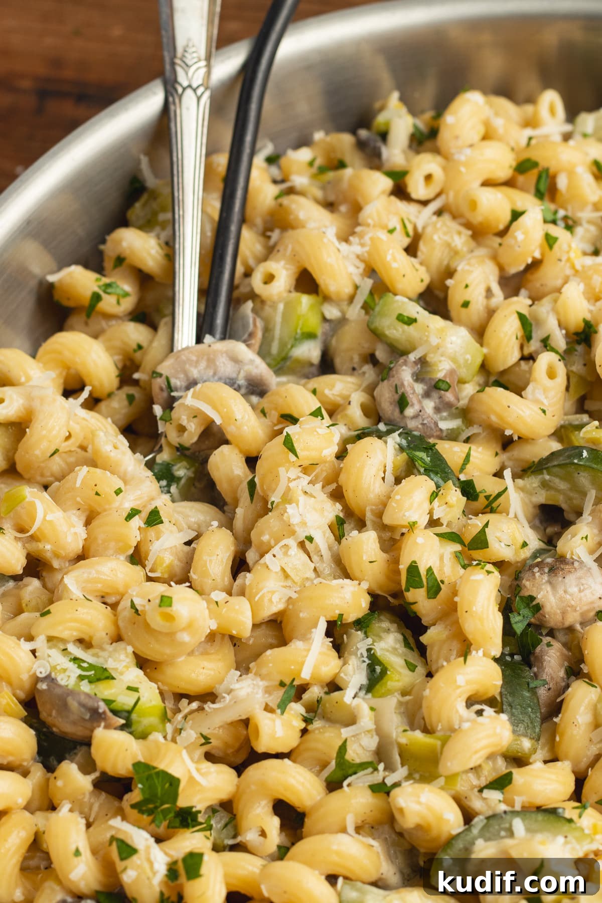 Zucchini, Mushroom & Leek Pasta Recipe — Creamy Spring Pasta 3 This is a picture for a skillet with the pasta.