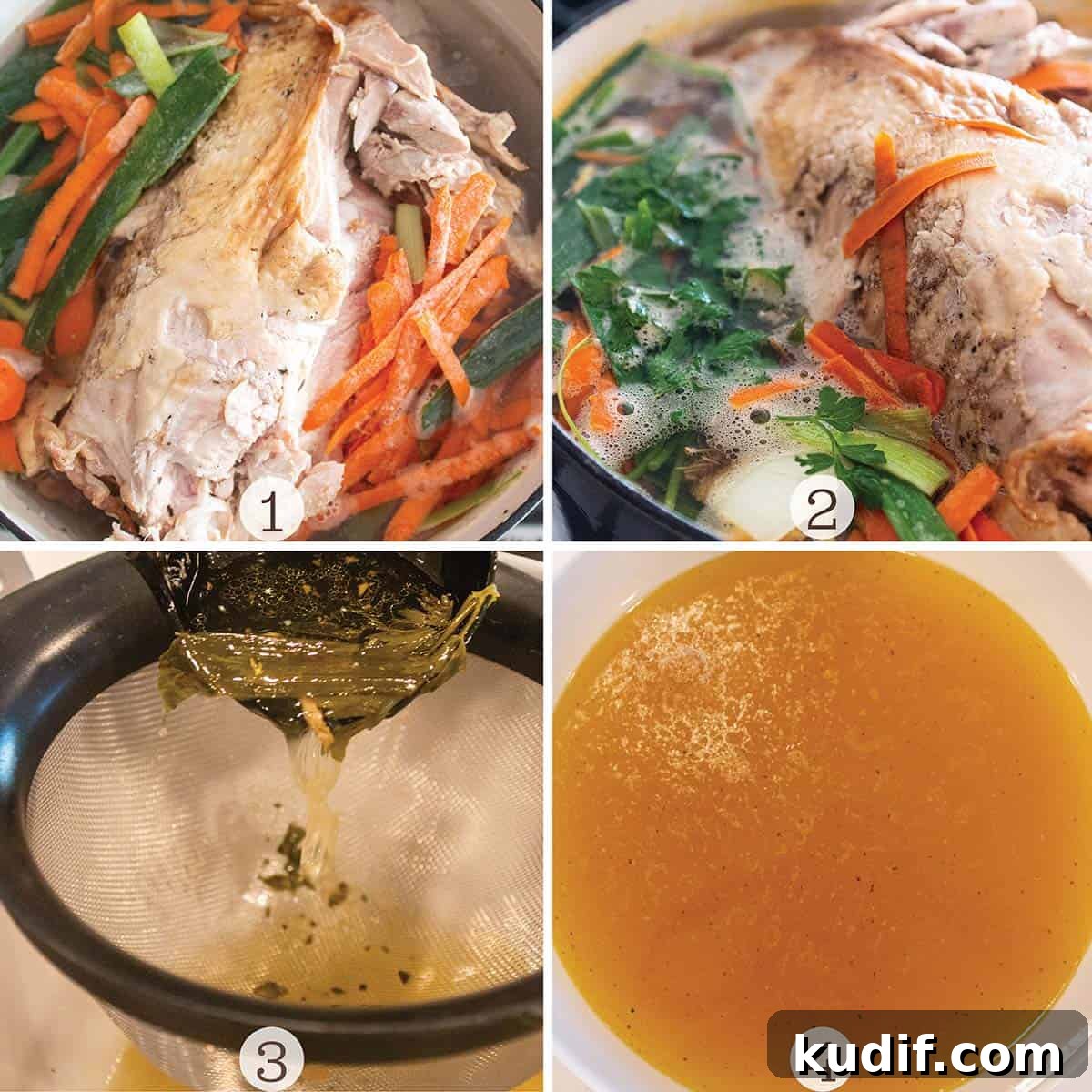 Nourishing Turkey Bone Broth Recipe for Deep Flavor and Gelatin 3 Four images of a turkey carcass simmering in veggies and the broth being removed.