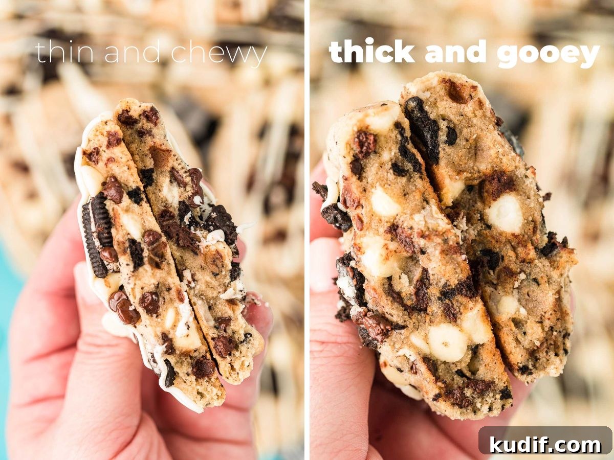 Photo collage showing the texture of thin and chewy of thick and gooey Oreo chocolate chip cookies.