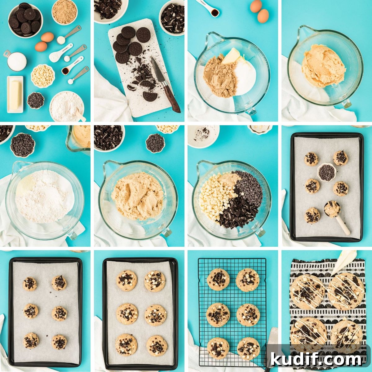 Step by step photo collage showing how to make Oreo Chocolate Chip Cookies from scratch.