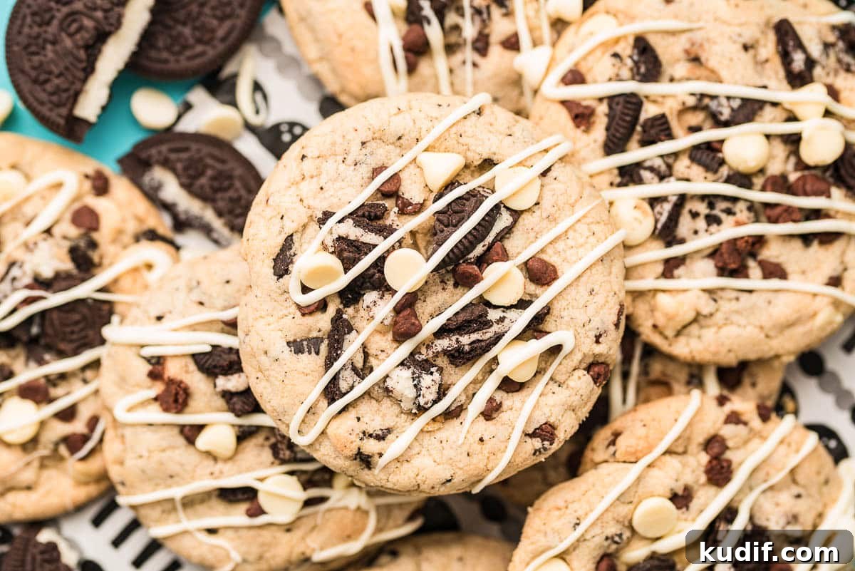Overhead photo of chocolate chip oreo cookies on a plate.