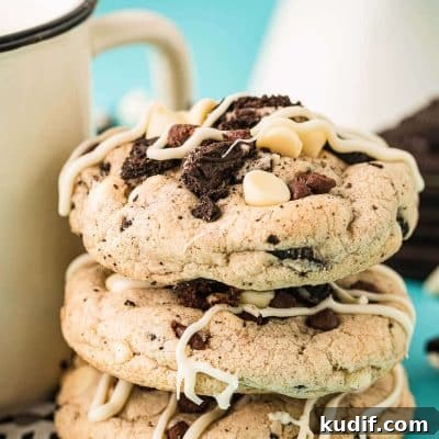 Chocolate chip oreo cookies stacked against a mug on a blue surface.