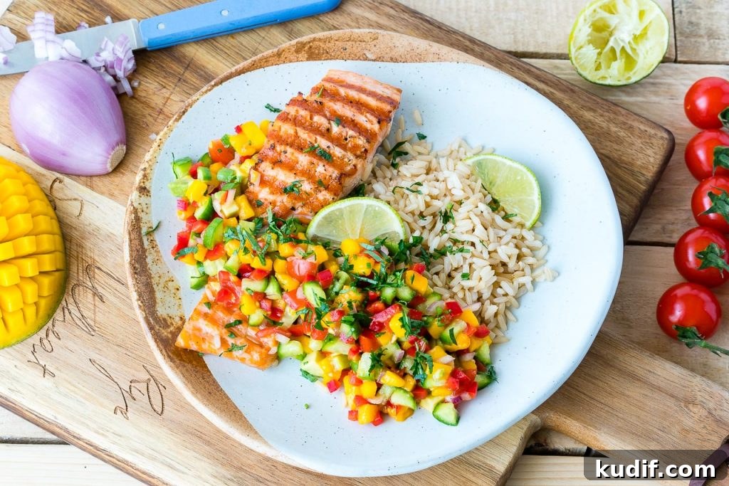 Grilled Lime Salmon with Avocado Mango Salsa — Quick & Flavorful 7 Lime Salmon With Rice And Salsa