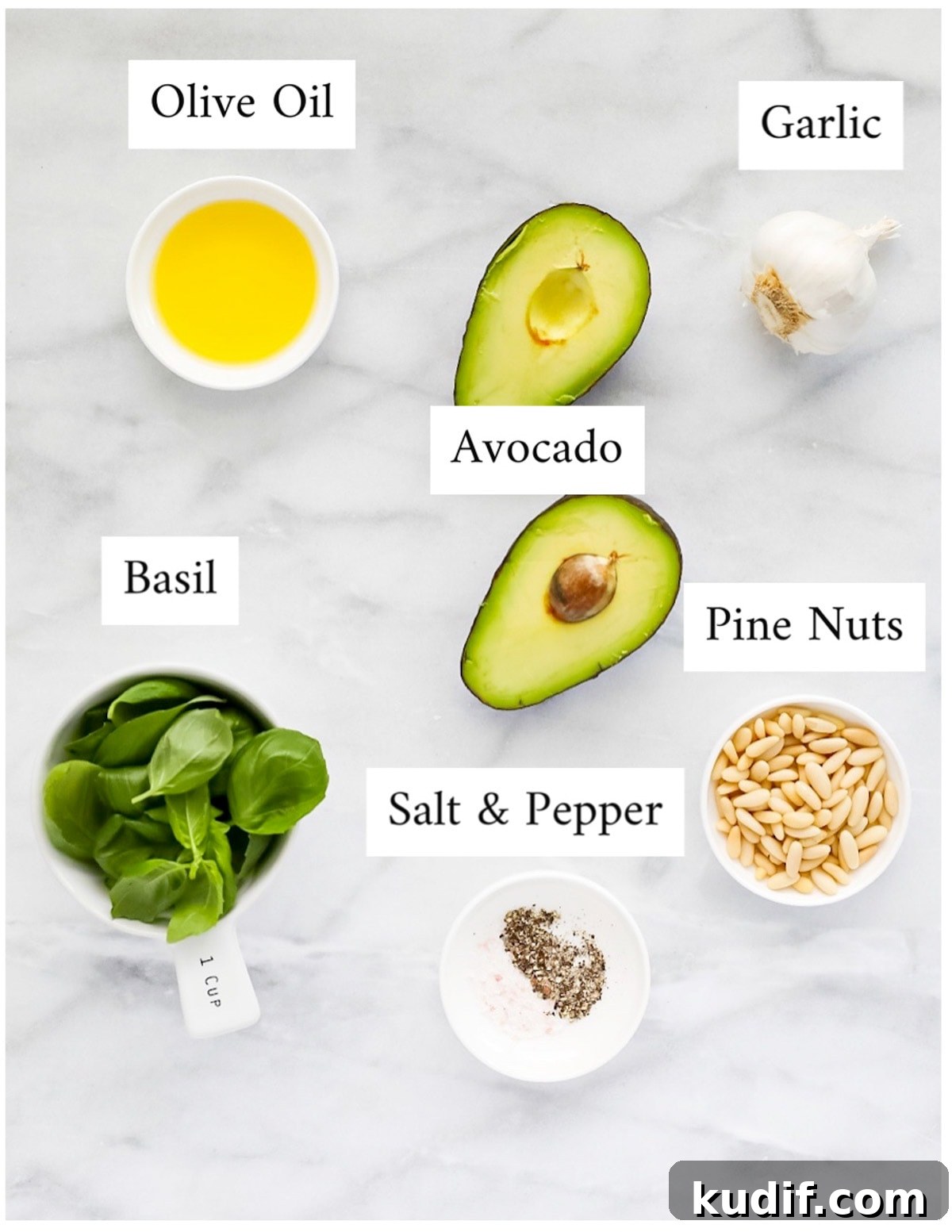 Creamy Pesto Sauce Recipe: Rich Basil Sauce for Pasta & More 3 Labeled ingredients including: olive oil, garlic, avocado, basil, salt and pepper, and pine nuts