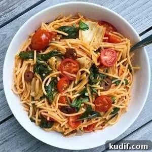 mediterranean veggie pasta made with gluten free barilla spaghetti