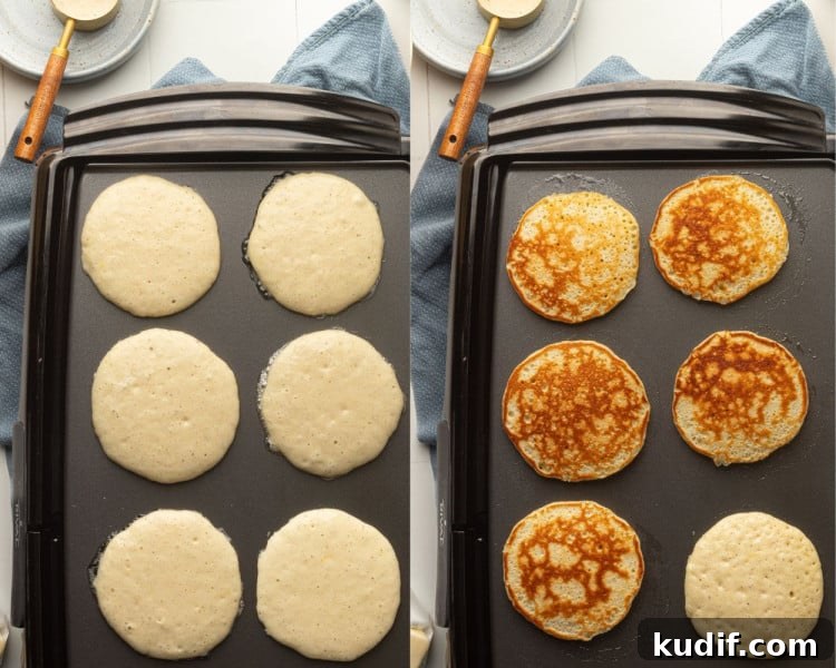 Cooking pancakes on a griddle.