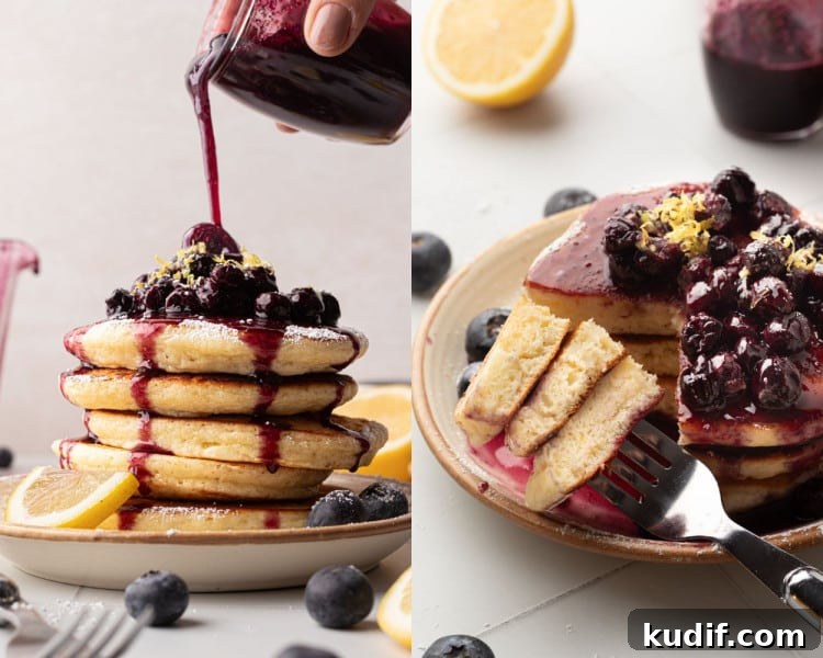 Serving pancakes with blueberry syrup.
