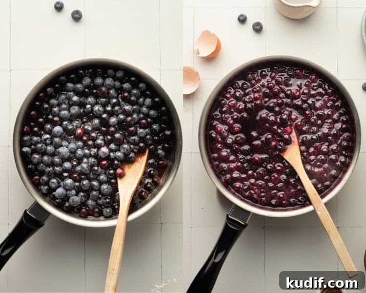 Side-by-side of blueberries and cooked compote.