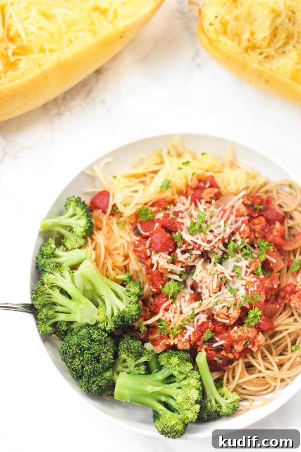 Spaghetti Squash Pasta Bowls with Savory Sauce and Veggies 3 Spaghetti Squash Pasta Bowls: a giant, healthy bowl of pasta!
