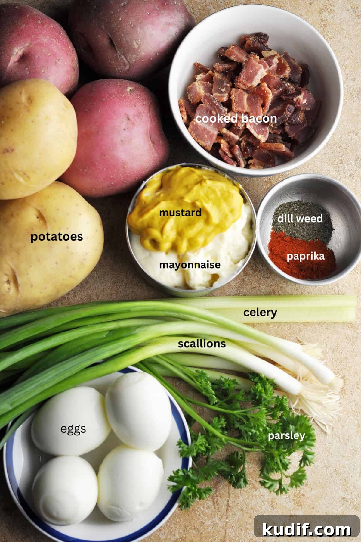 Creamy Bacon Potato Salad Recipe with Tangy Mustard Dressing 3 Ingredients for potato salad, including boiled eggs, potatoes, bacon, parsley, celery, scallions, dry dill, paprika, mustard, and mayonnaise.