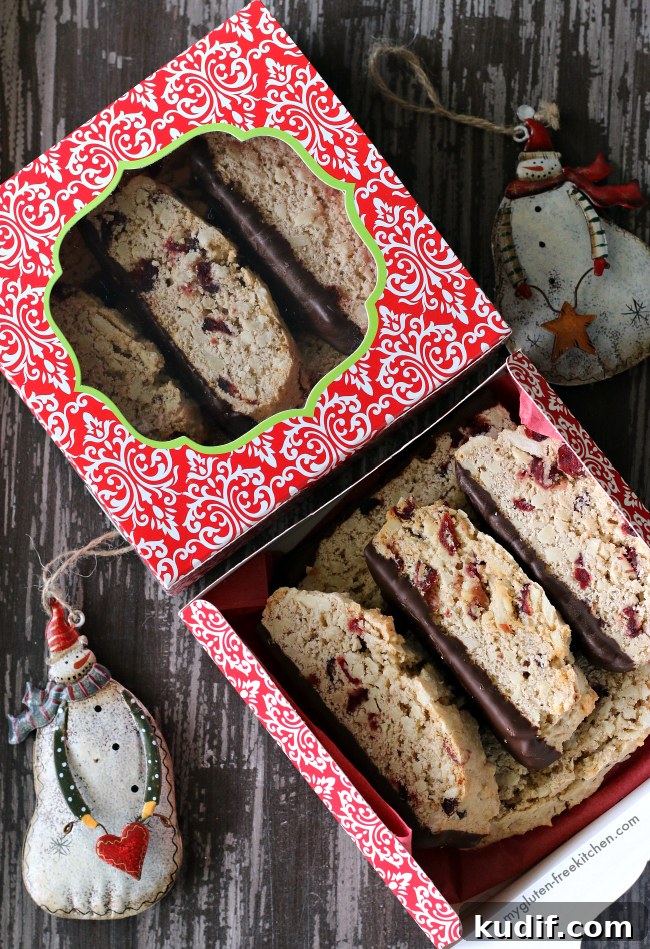 Gluten-free Almond Biscotti with Chocolate in a box for Christmas gifting