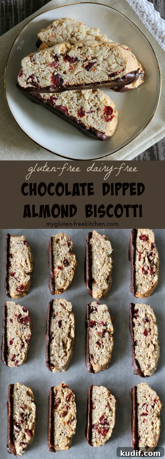 gluten-free Chocolate Dipped Almond Biscotti dairy-free recipe. Crunchy, flavorful cookie that's perfect with tea or coffee.