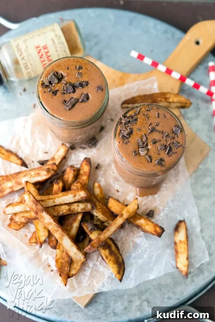 Baked cinnamon fries paired with a frosty Spicy Chocolate Shake! A delicious and surprising treat. #glutenfree #vegan #soyfree