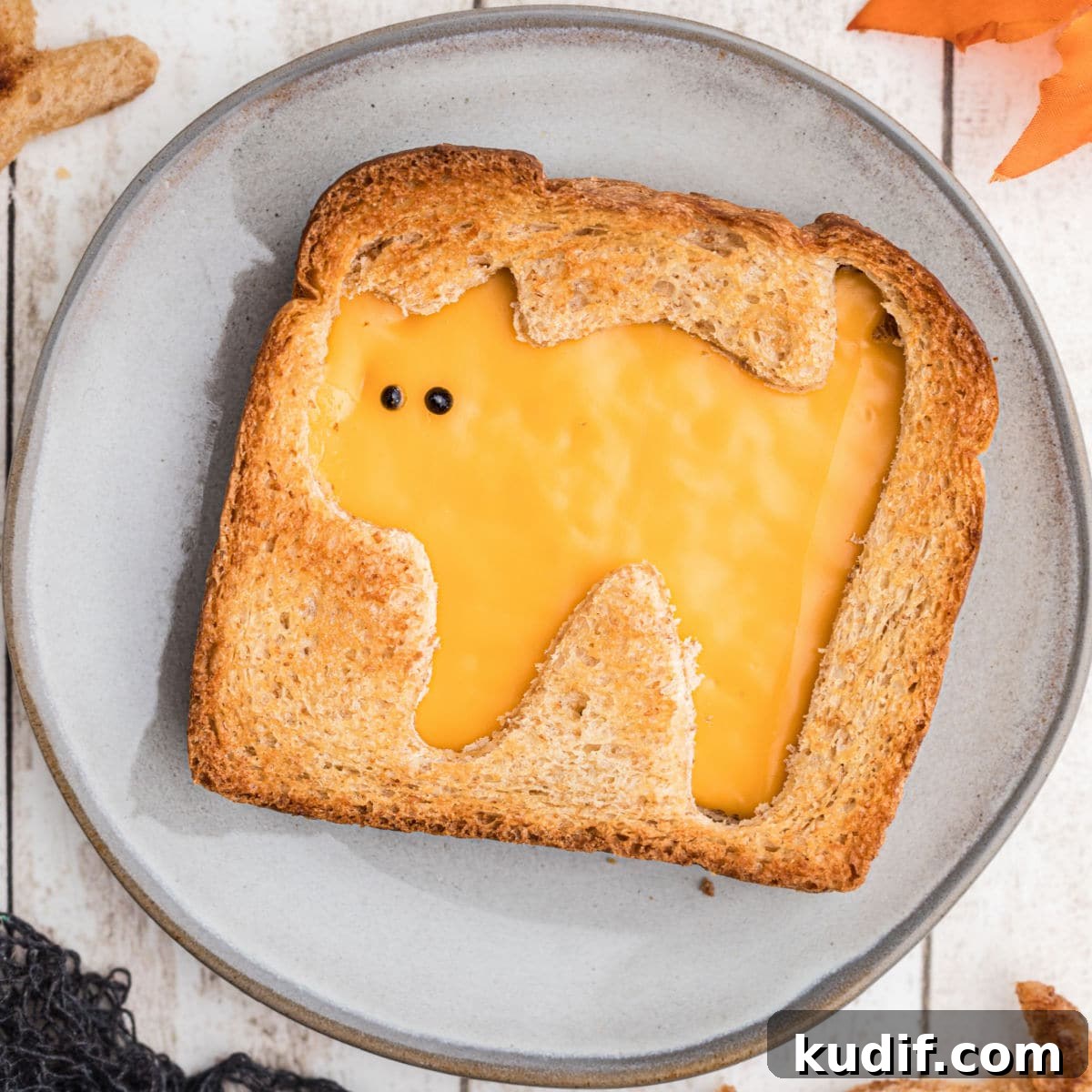 15 Spooky Halloween BBQ Recipes for Party-Worthy Grilling 4 Close up overhead shot of a halloween grilled cheese with a cat.