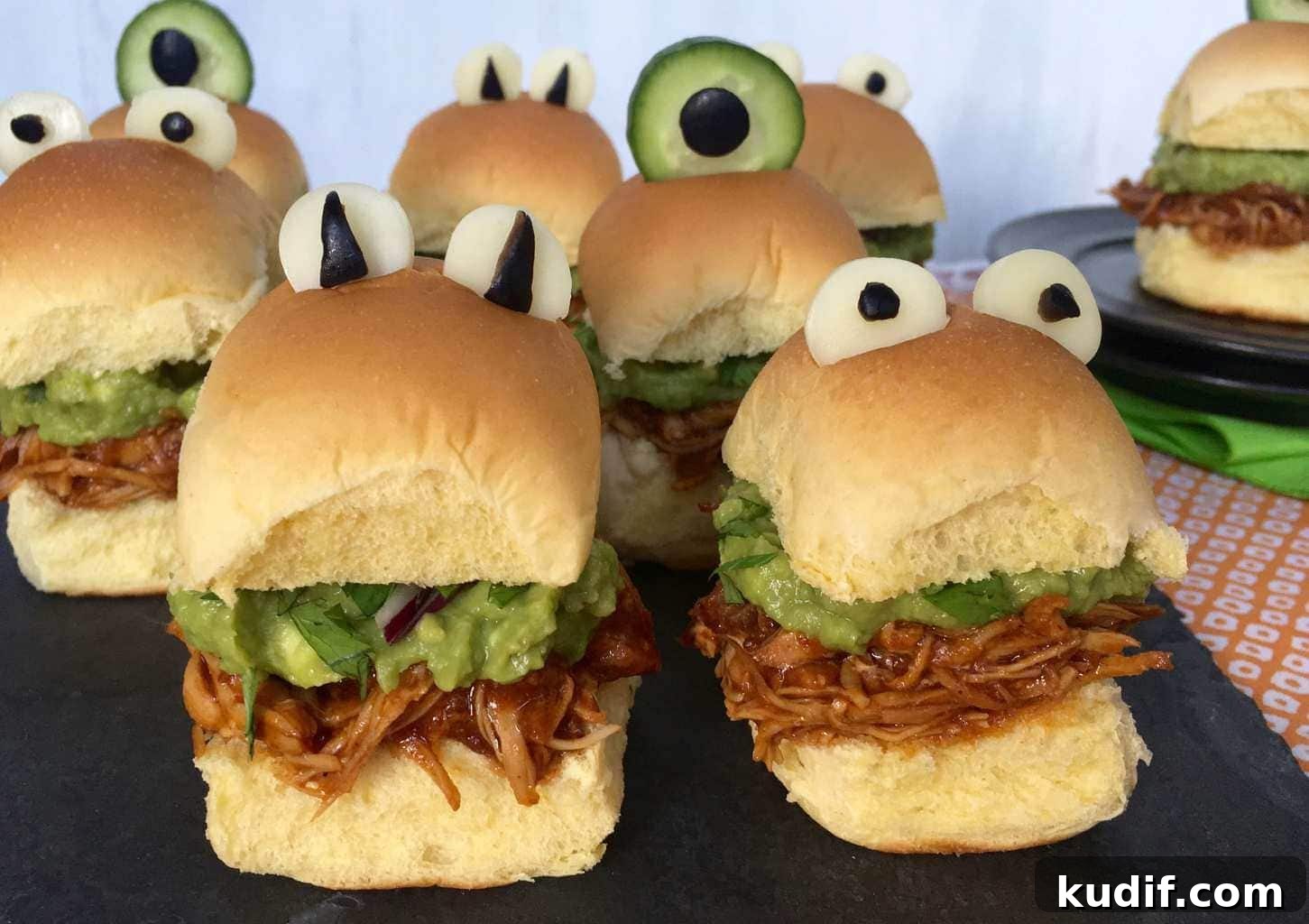 15 Spooky Halloween BBQ Recipes for Party-Worthy Grilling 9 sliders with chicken and some eyeballs made on top