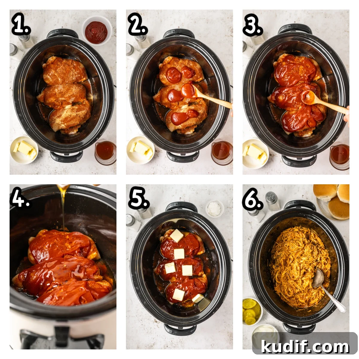 Six images showing how to make hot honey chicken sandwiches in a crockpot.