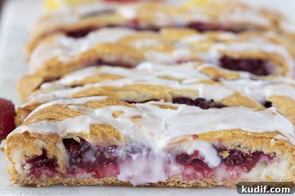 Raspberry Crescent Danish: Flaky Pastry Recipe for Brunch 17 close up image of homemade raspberry breakfast pastry