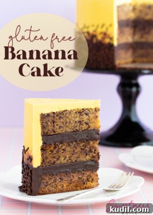 Close-up of a slice of cake with a text overlay reading "gluten free banana cake".