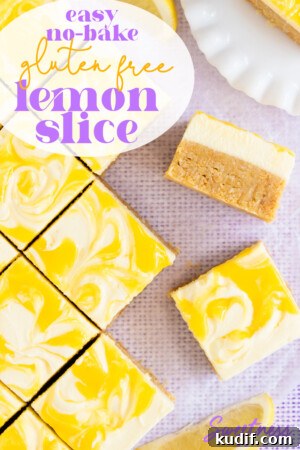 Pieces of slice on a pale purple background, text overlay reads: "gluten free lemon slice".