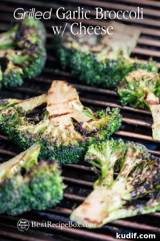 Grilled Broccoli Recipe or BBQ Broccoli Recipe with Cheddar Cheese on a grill 