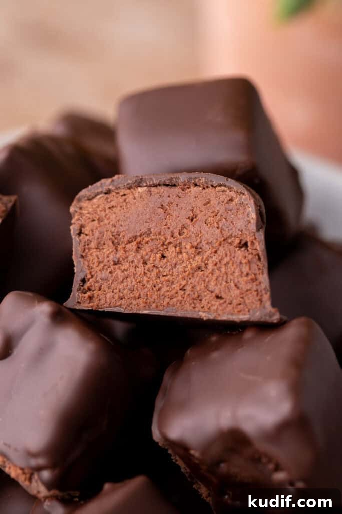 Close-up of cool whip candy cut in half, showing the fluffy 3-Musketeers, style chocolate center coated in smooth dark chocolate.