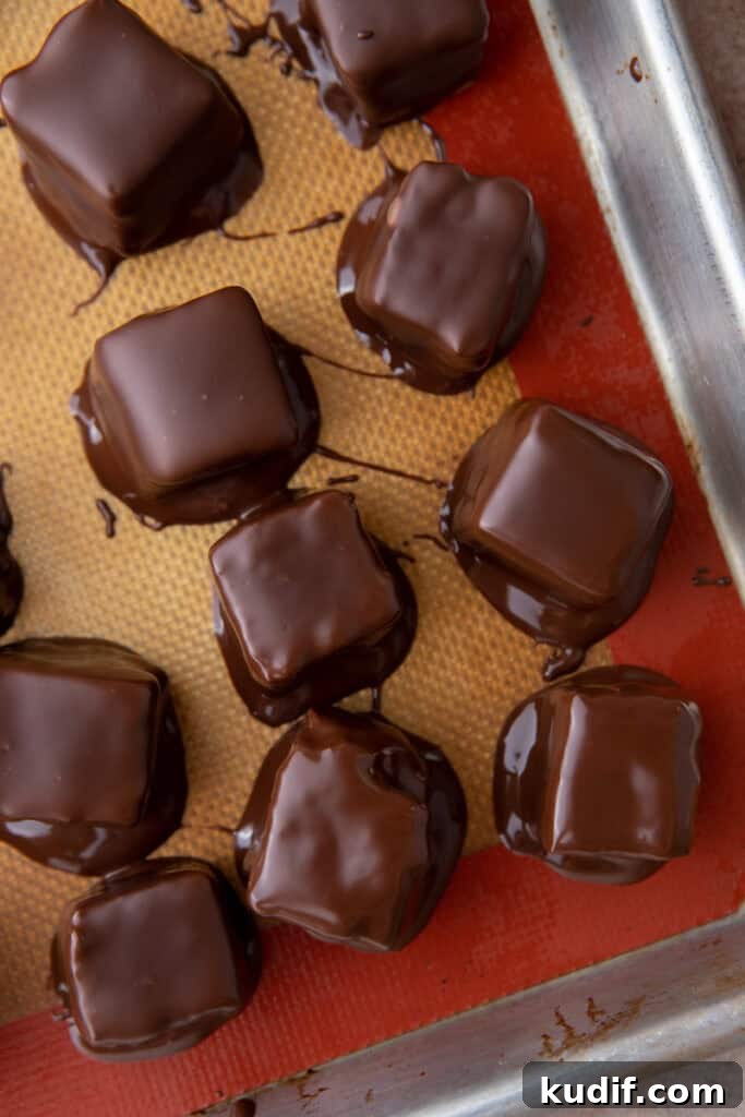 Chocolate-coated candy squares setting on a silicone baking mat.
