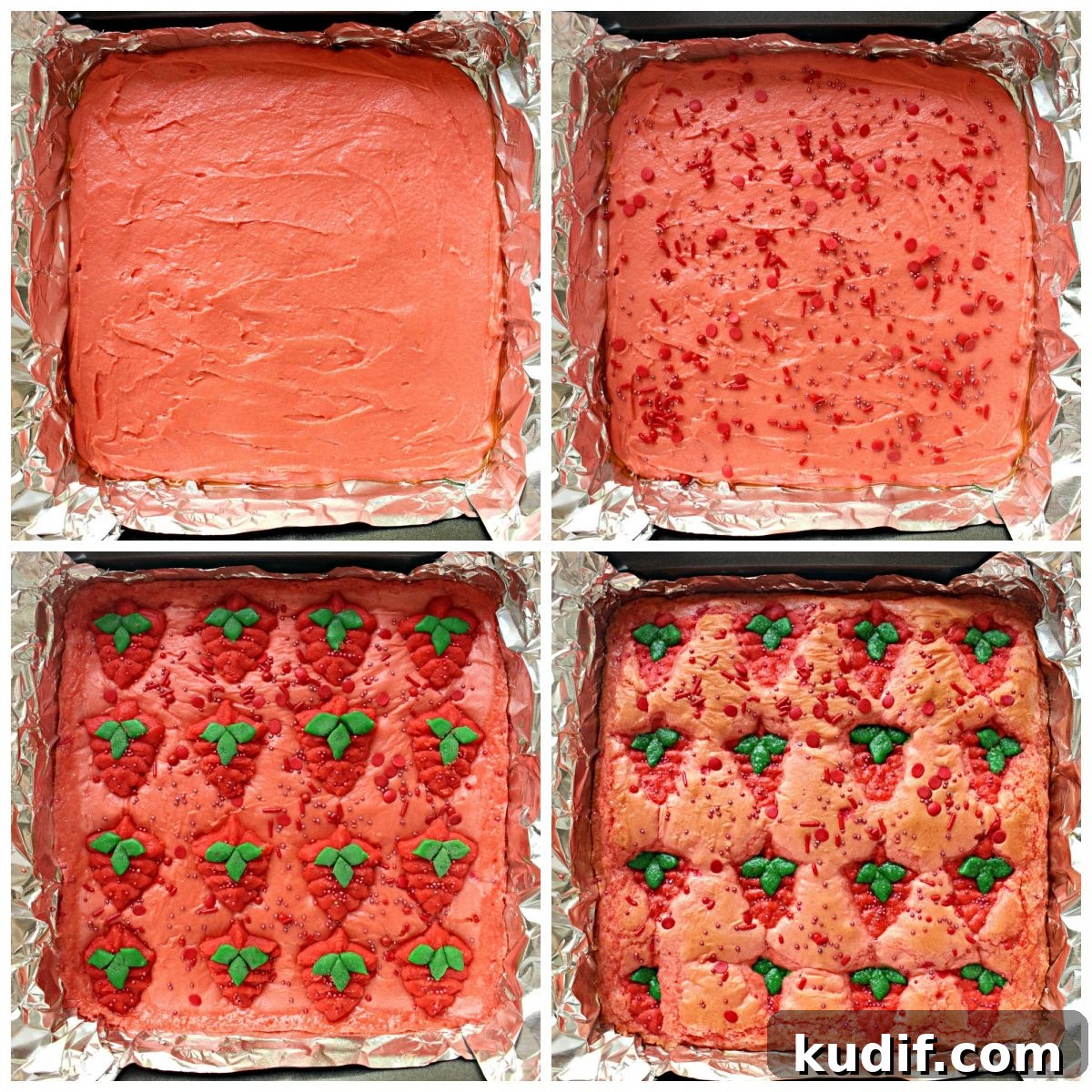 Decadent Strawberry Swirl Brownies: Chocolate & Fresh Berry Recipe 4 Process collage for decorating strawberry brownies: spread in pan, add sprinkles, add strawberry cookies, bake.