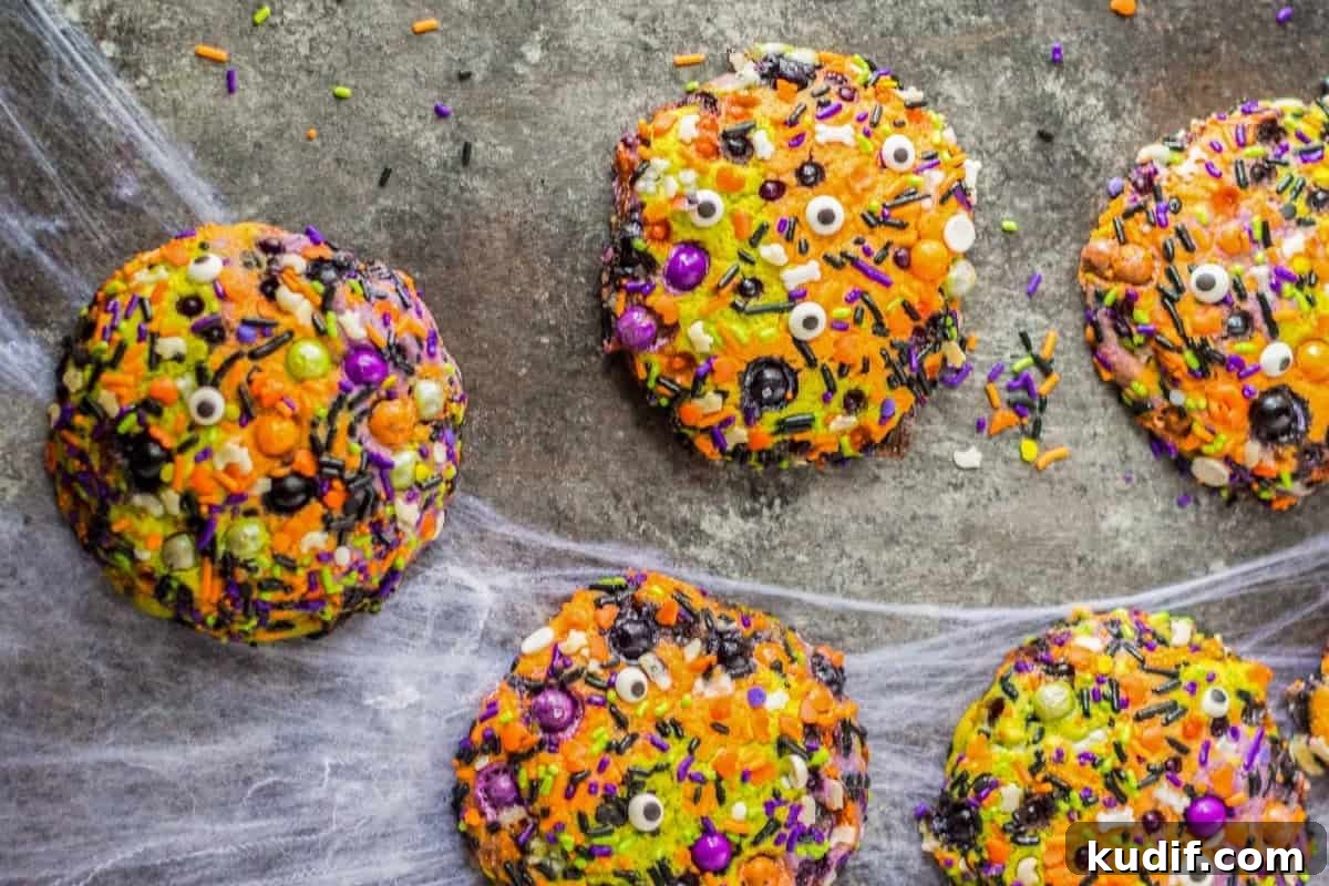 Spooky Halloween Sprinkle Cookies Recipe for Party Treats 3 baked halloween sprinkle cookies on a gray table with spider webs.