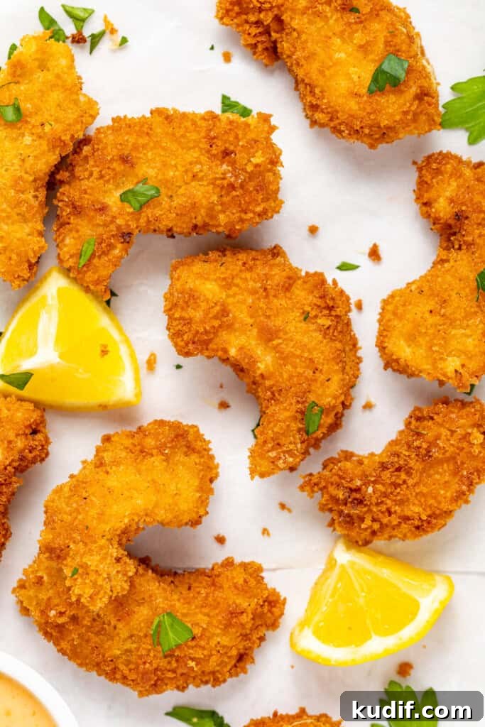 Crispy Vegan Shrimp with Spicy Sriracha Mayo Dip 3 Vegan shrimp sprinkled with fresh parsley, served with lemon.