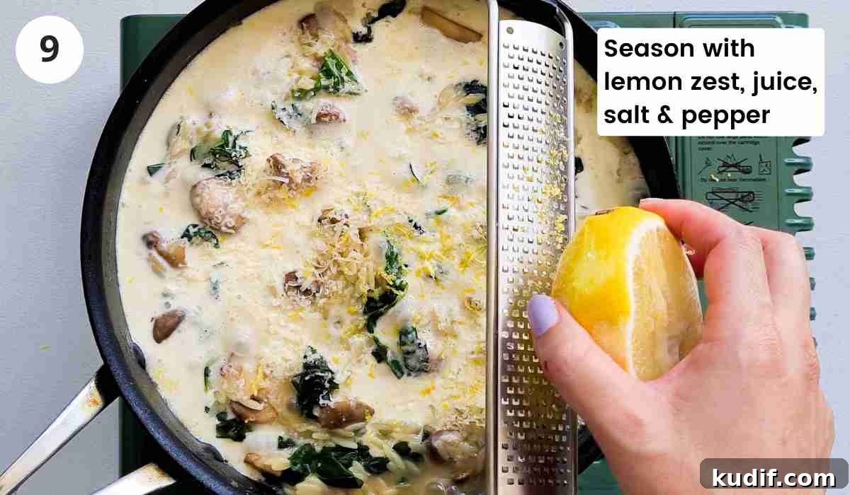 Creamy Chicken and Orzo Skillet Recipe 12 lemon being zested into a saute pan filled with creamy pasta