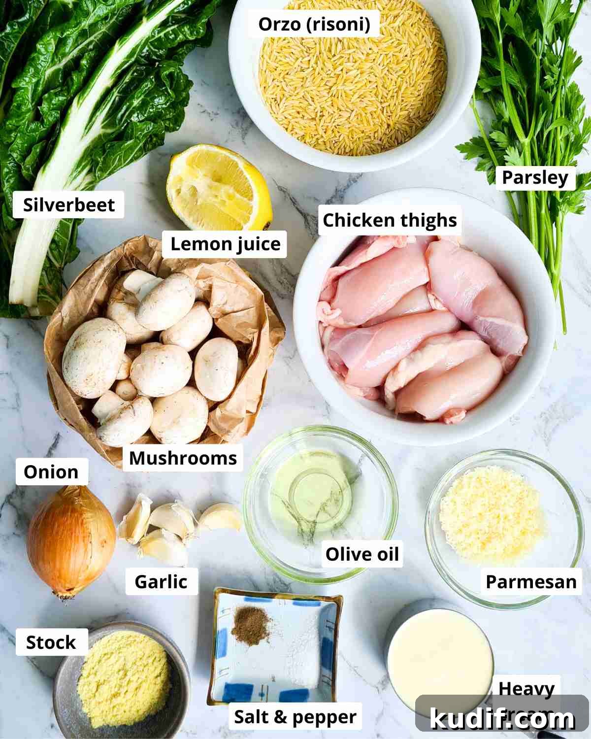 Creamy Chicken and Orzo Skillet Recipe 3 Ingredients required to make creamy chicken orzo labeled