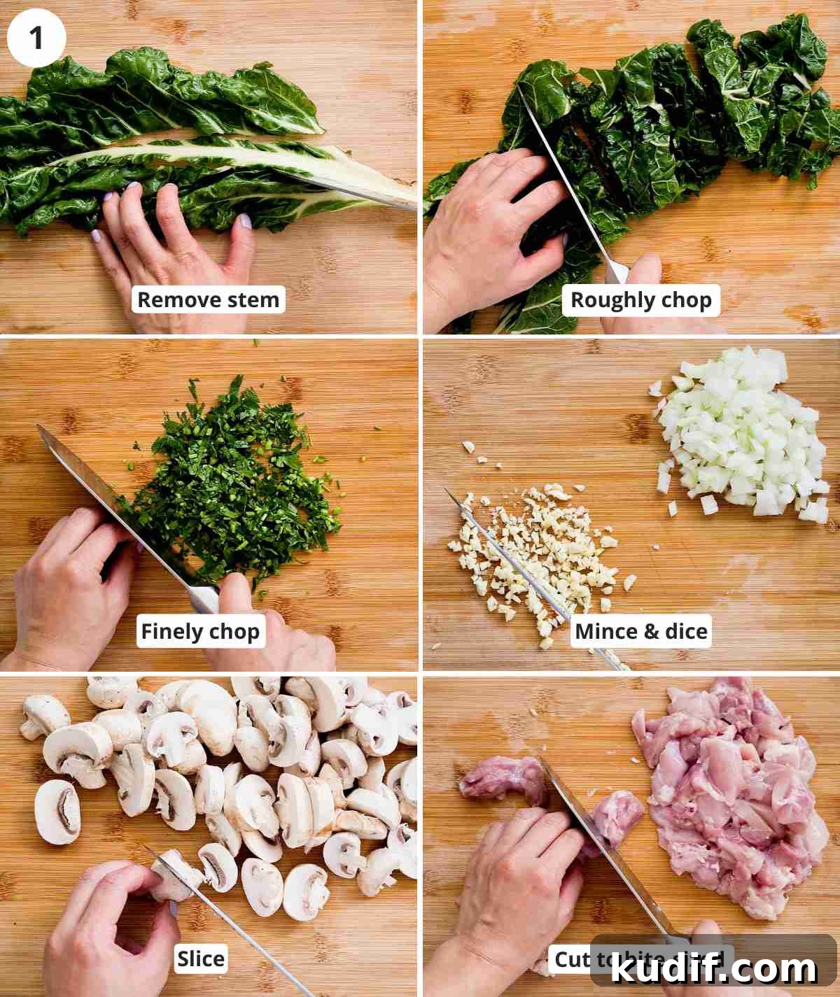 Creamy Chicken and Orzo Skillet Recipe 4 ingredients being cut and chopped with captions