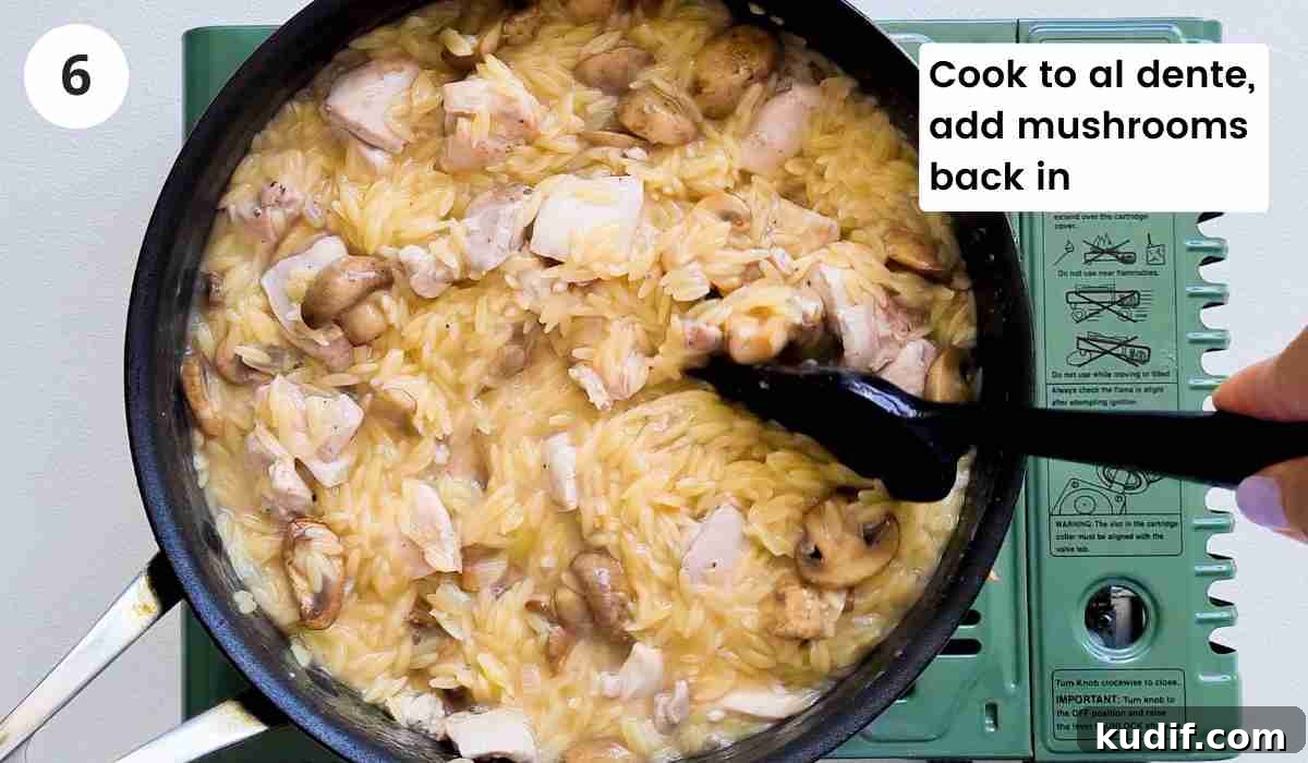 Creamy Chicken and Orzo Skillet Recipe 9 orzo, chicken and mushrooms being stirred in a saute pan