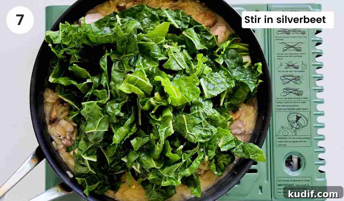 Creamy Chicken and Orzo Skillet Recipe 10 Chopped silverbeet inside a saute pan with caption