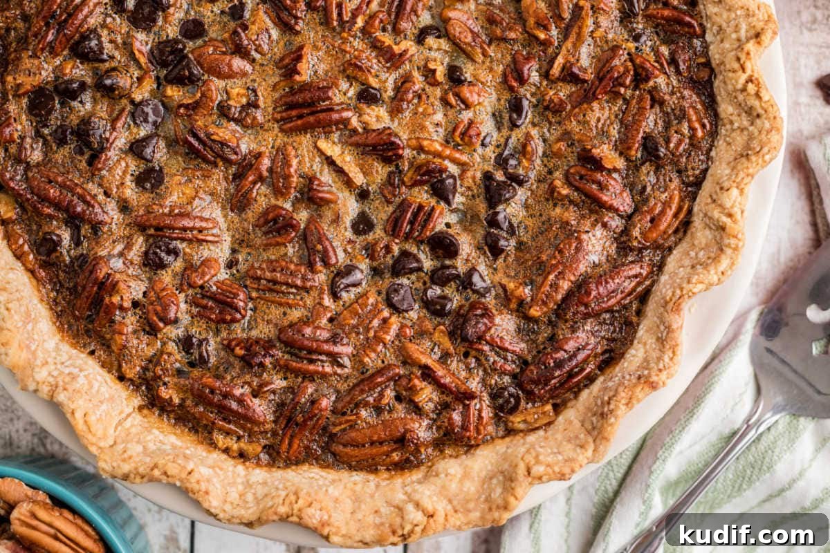 Decadent Chocolate Bourbon Pecan Pie Recipe 14 Overhead view of the bourbon chocolate pecan pie.
