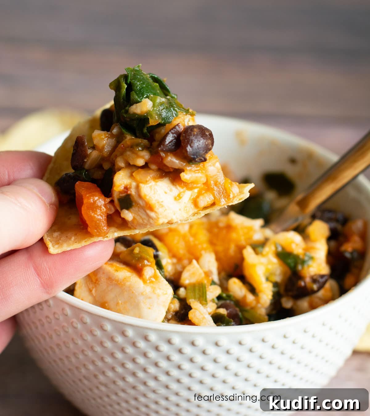30-Minute Salsa Chicken Skillet Recipe for Quick Weeknight Dinners 4 A bite of the salsa chicken on a tortilla chip.
