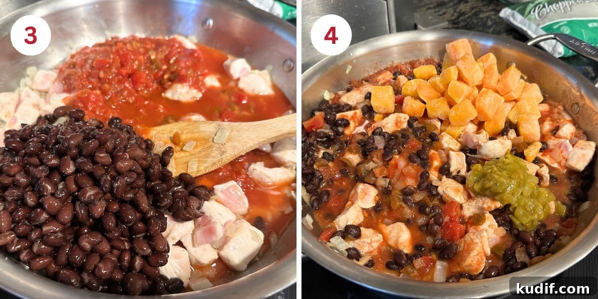 30-Minute Salsa Chicken Skillet Recipe for Quick Weeknight Dinners 6 Photos adding the ingredients to the pan.