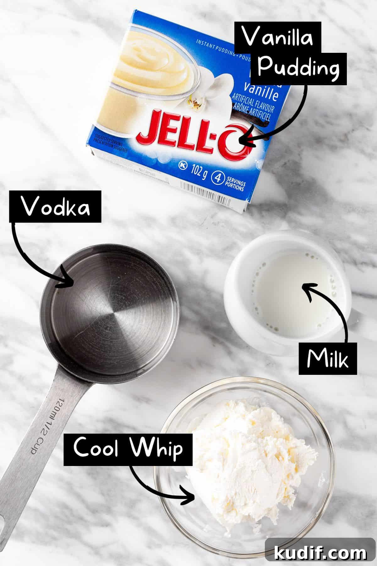 Creamy Vanilla Pudding Shots Recipe for Parties 3 The ingredients needed to make the vanilla pudding shots.